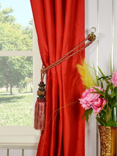 Oasis Solid-color Eyelet Dupioni Silk Curtains Tassel Tiebacks