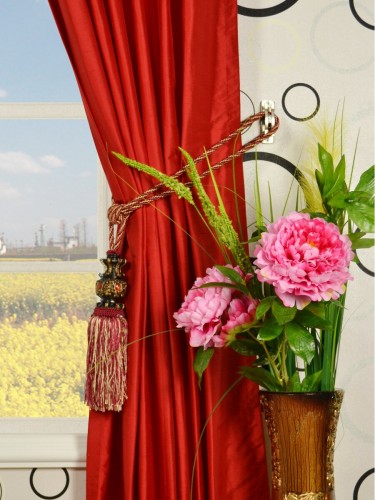 Oasis Solid-color Concealed Tab Top Dupioni Curtains Tassel Tiebacks