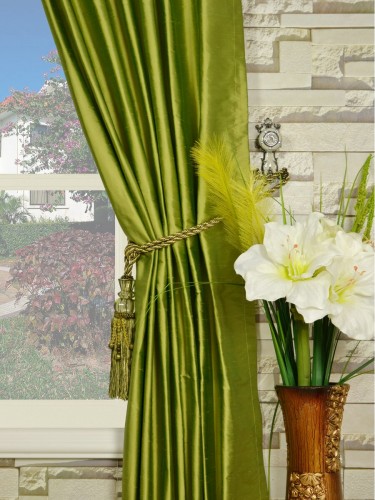 Oasis Crisp Plain Concealed Tab Top Dupioni Silk Curtains Tassel Tiebacks