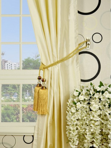 Oasis Traditional Solid Eyelet 100% Dupioni Silk Curtains Tassel Tiebacks