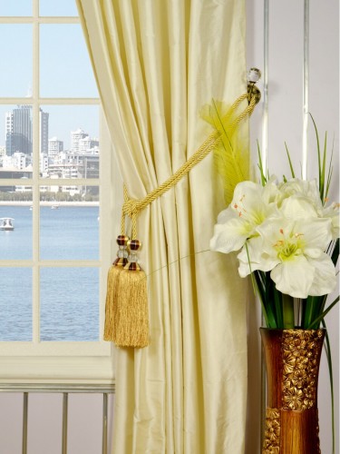 Oasis Traditional Solid Concealed Tab Top Dupioni Silk Curtains Tassel Tiebacks