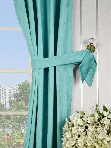 Waterfall Solid Blue Triple Pinch Pleat Faux Silk Curtains Decorative Tiebacks