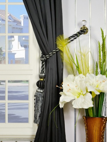 Waterfall Dark-colored Plain Rod Pocket Faux Silk Curtains Tassel Tiebacks