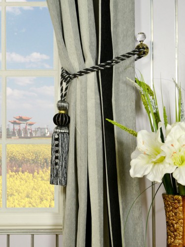 Petrel Vertical Stripe Eyelet Chenille Curtains Tassel Tiebacks