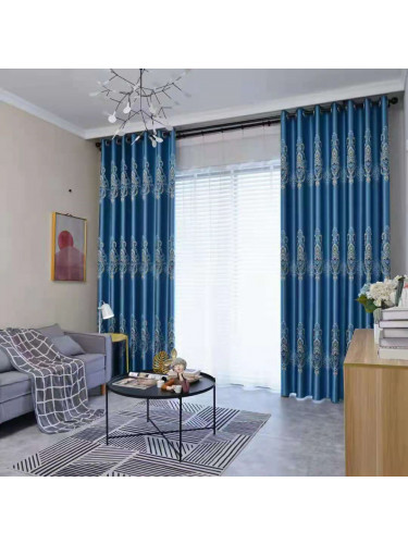 QYFL1121A Barwon European Flowers Blue Jacquard Custom Made Curtains For Living Room(Color: Blue)