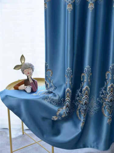 QYFL1121AR Barwon European Flowers Blue Jacquard Ready Made Curtains For Living Room