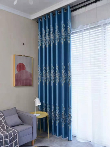 QYFL1121A Barwon European Flowers Blue Jacquard Custom Made Curtains For Living Room