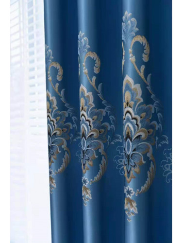 QYFL1121A Barwon European Flowers Blue Jacquard Custom Made Curtains For Living Room