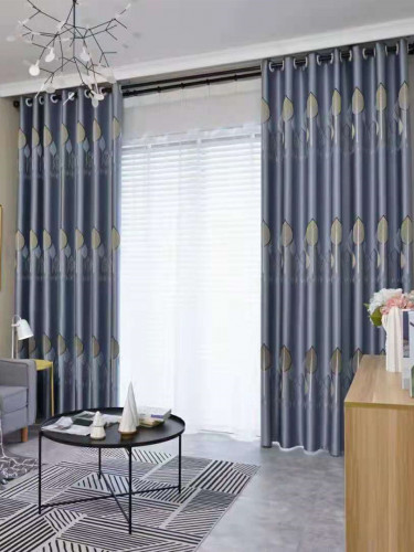 QYFL1121BR Barwon European Leaves Blue Grey Jacquard Ready Made Curtains For Living Room