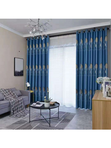 QYFL1121BR Barwon European Leaves Blue Grey Jacquard Ready Made Curtains For Living Room(Color: Blue)