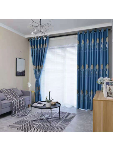 QYFL1121BR Barwon European Leaves Blue Grey Jacquard Ready Made Curtains For Living Room