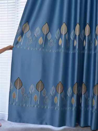 QYFL1121B Barwon European Leaves Blue Grey Jacquard Custom Made Curtains For Living Room(Color: Blue)