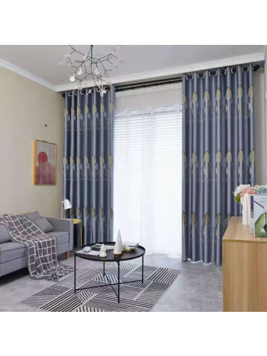 QYFL1121B Barwon European Leaves Blue Grey Jacquard Custom Made Curtains For Living Room