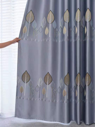 QYFL1121B Barwon European Leaves Blue Grey Jacquard Custom Made Curtains For Living Room(Color: Grey)