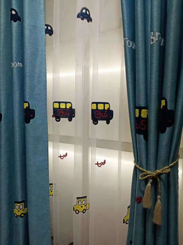 QYFL1221B Gungartan Children Embroidered Toy Car Grey Blue Custom Made Curtains