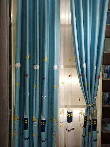 QYFL1221E Gungartan Children Embroidered Houses And Starry Sky Grey Blue Pink Custom Made Curtains(Color: Blue)