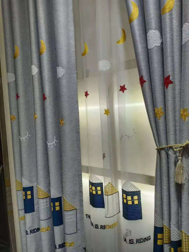 QYFL1221E Gungartan Children Embroidered Houses And Starry Sky Grey Blue Pink Custom Made Curtains(Color: Grey)