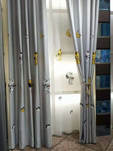 QYFL1221G Gungartan Children Embroidered Snoopy Grey Blue Custom Made Curtains(Color: Grey)