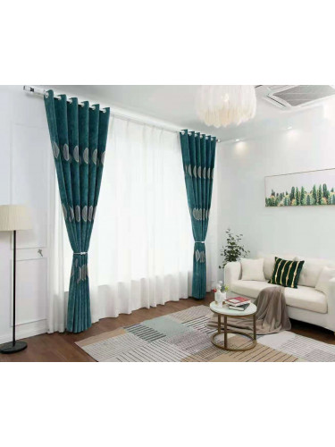 QYFL1321C Barwon European Leaves Blue Grey Purple Jacquard Velvet Custom Made Curtains For Living Room(Color: Green blue)
