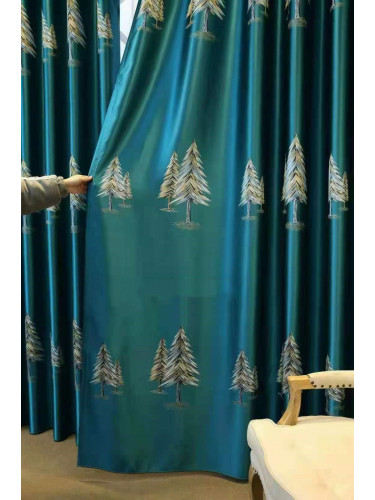 QYFL1821E On Sales Flinders Brocade Faux Silk Pines Jacquard Grey Yellow Blue Custom Made Curtains(Color: Blue)