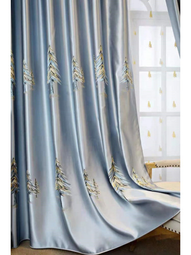 QYFL1821E On Sales Flinders Brocade Faux Silk Pines Jacquard Grey Yellow Blue Custom Made Curtains(Color: Grey)