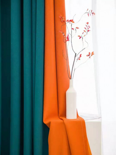 QYFL221A Barwon Plain Dyed Beautiful Custom Made Faux Linen Curtains For Living Room Bed Room(Color: Blue orange)