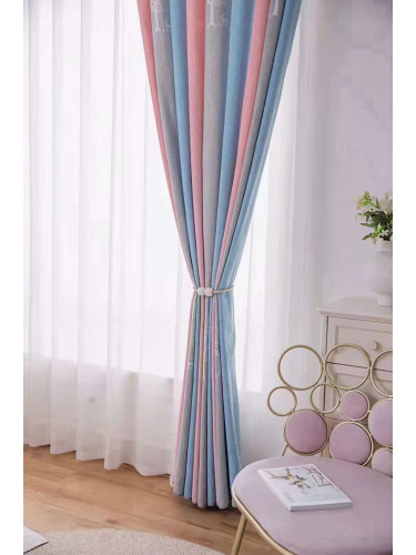 QYFL223C On Sales Petrel Pink Blue Grey Stripe Chenille Custom Made Curtains