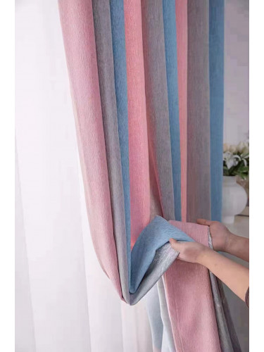 QYFL223C On Sales Petrel Pink Blue Grey Stripe Chenille Custom Made Curtains