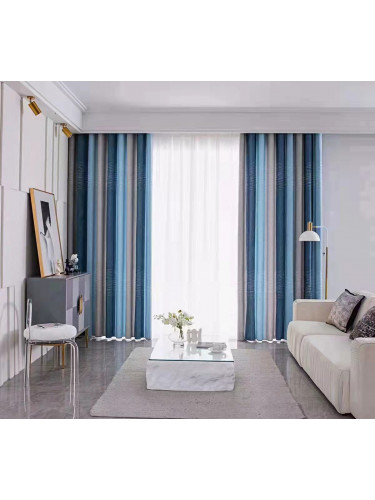 QYFL224A On Sales Petrel Blue Grey Stripe Chenille Custom Made Curtains