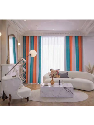 QYFL224B On Sales Petrel Orange Blue Grey Stripe Chenille Custom Made Curtains