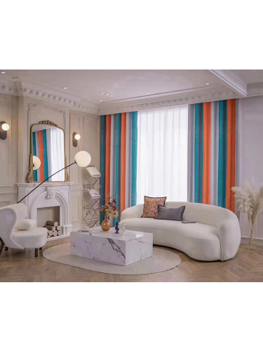 QYFL224B On Sales Petrel Orange Blue Grey Stripe Chenille Custom Made Curtains