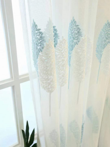 QYFLS2020E Kosciuszko Double Leaves Embroidered Custom Made Sheer Curtains(Color: Blue)
