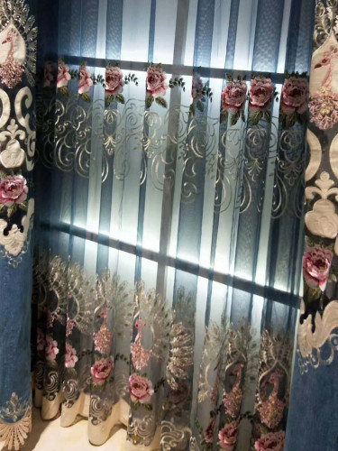 QYFLS2020H Kosciuszko Embroidered Flowers Blue Custom Made Sheer Curtains(Color: Blue)