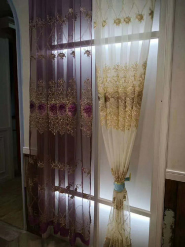QYFLS2020I Kosciuszko Beige Purple Floral Embroidered Custom Made Sheer Curtains