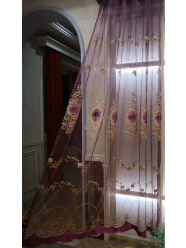 QYFLS2020I Kosciuszko Beige Purple Floral Embroidered Custom Made Sheer Curtains(Color: Purple)