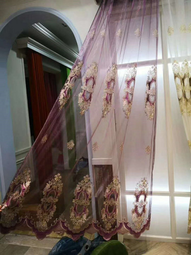 QYFLS2020L Kosciuszko Beige Blue Purple Floral Embroidered Custom Made Sheer Curtains(Color: Purple)