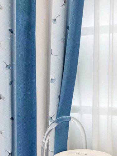 QYH2407BD Eyelet Ready Made Curtains Stripe Chenille Ginkgo Biloba(Color: Blue)