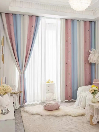 QYH2407BD Eyelet Ready Made Curtains Stripe Chenille Ginkgo Biloba(Color: Pink)