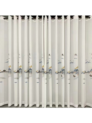 QYHL225ASD Silver Beach Embroidered Chinese Thousand Miles Of Rivers And Mountains Flat Ready Made Sheer Curtains