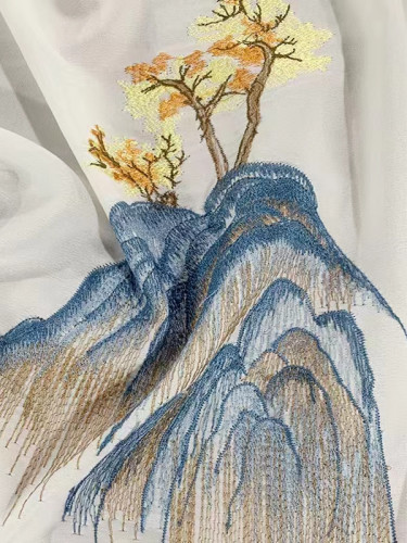 QYHL225A Silver Beach Embroidered Chinese Thousand Miles Of Rivers And Mountains Faux Silk Custom Made Curtains