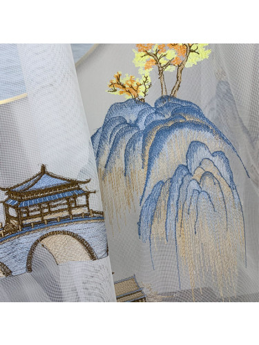 QYHL225ASD Silver Beach Embroidered Chinese Thousand Miles Of Rivers And Mountains Flat Ready Made Sheer Curtains