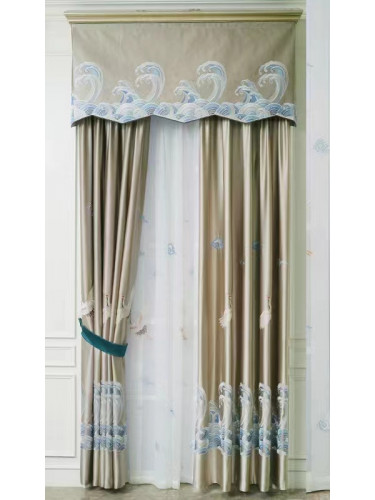 QYHL225B Silver Beach Embroidered Chinese Crane In The Cloud Faux Silk Custom Made Curtains