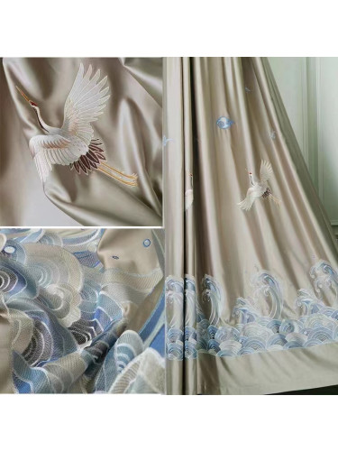 QYHL225B Silver Beach Embroidered Chinese Crane In The Cloud Faux Silk Custom Made Curtains(Color: Grey)