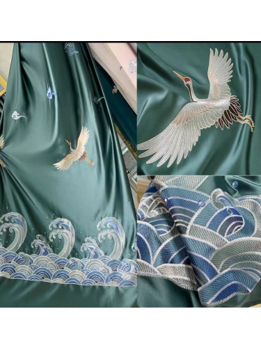 QYHL225B Silver Beach Embroidered Chinese Crane In The Cloud Faux Silk Custom Made Curtains(Color: Blue)