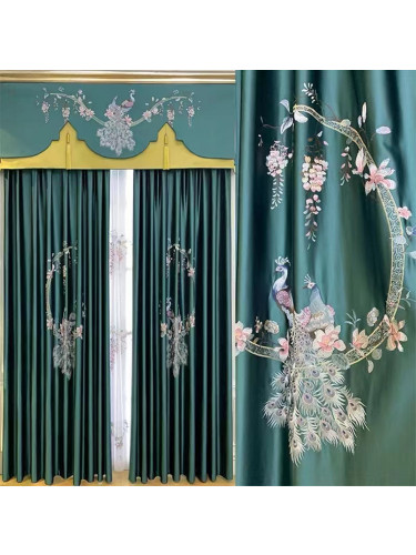 QYHL225C Silver Beach Embroidered Colorful Peacock Faux Silk Custom Made Curtains