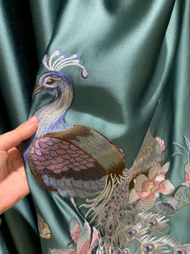 QYHL225CA Silver Beach Embroidered Colorful Peacock Faux Silk Pleated Ready Made Curtains