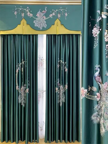 QYHL225CA Silver Beach Embroidered Colorful Peacock Faux Silk Pleated Ready Made Curtains