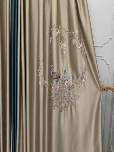 QYHL225CA Silver Beach Embroidered Colorful Peacock Faux Silk Pleated Ready Made Curtains