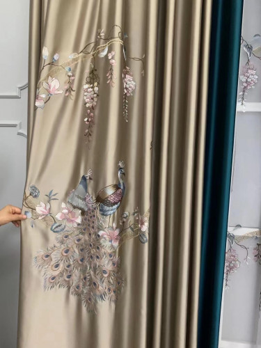 QYHL225CA Silver Beach Embroidered Colorful Peacock Faux Silk Pleated Ready Made Curtains