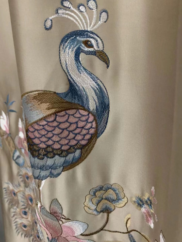 QYHL225CA Silver Beach Embroidered Colorful Peacock Faux Silk Pleated Ready Made Curtains